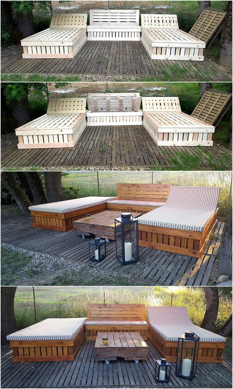 repurposed wood pallet garden terrace with furniture