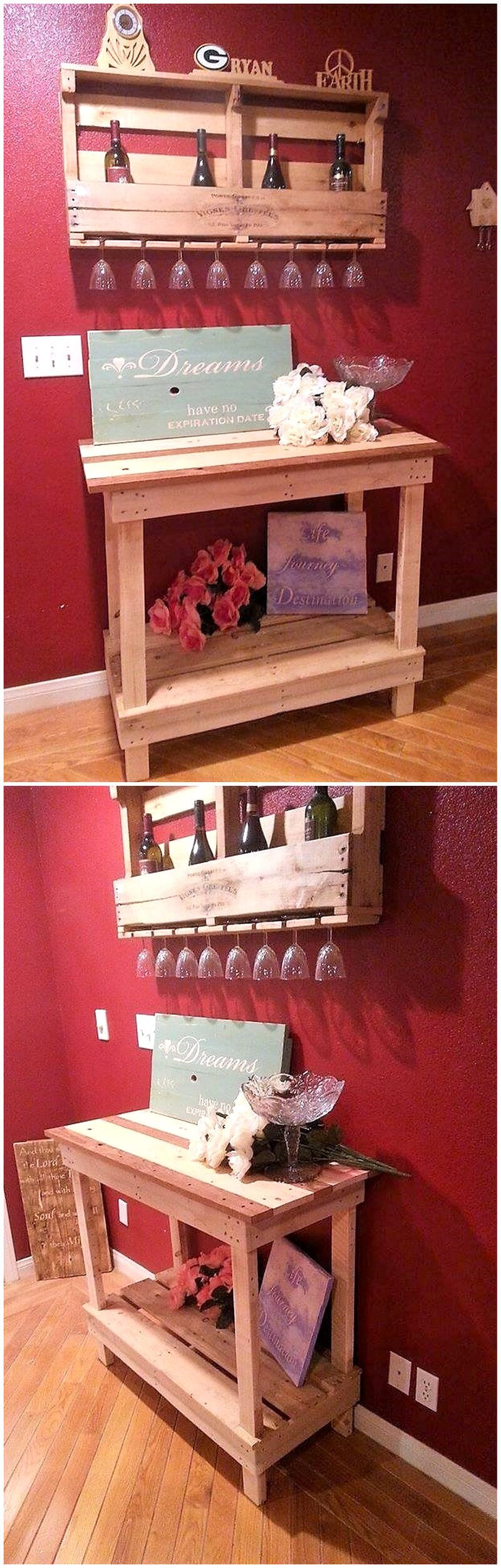 pallets entryway table and wall bar