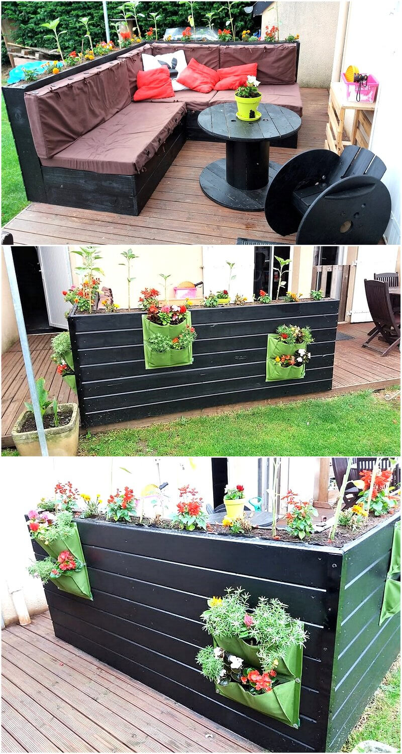 recycled pallets patio couch with backside planters