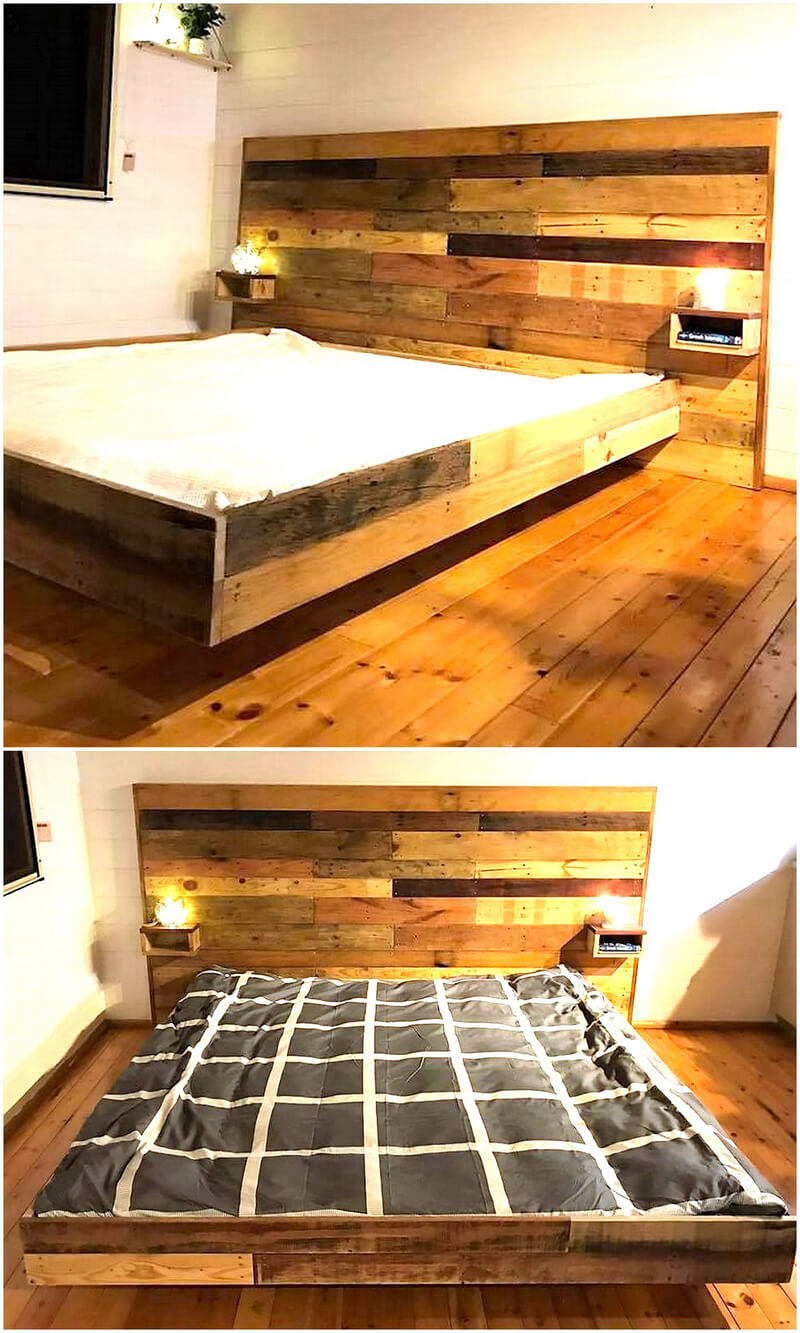 repurposed pallets wooden bed with headboard